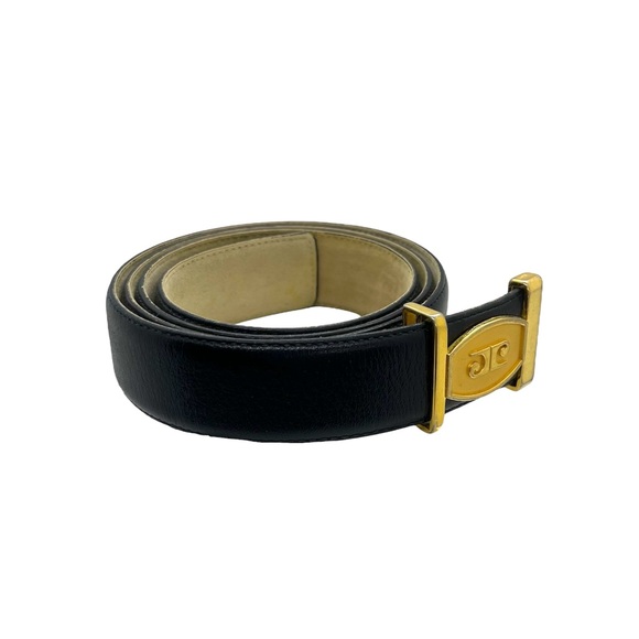 Designer Belt Vintage Black Leather Gold Logo Buckle By Pierre Cardin - Picture 2 of 11